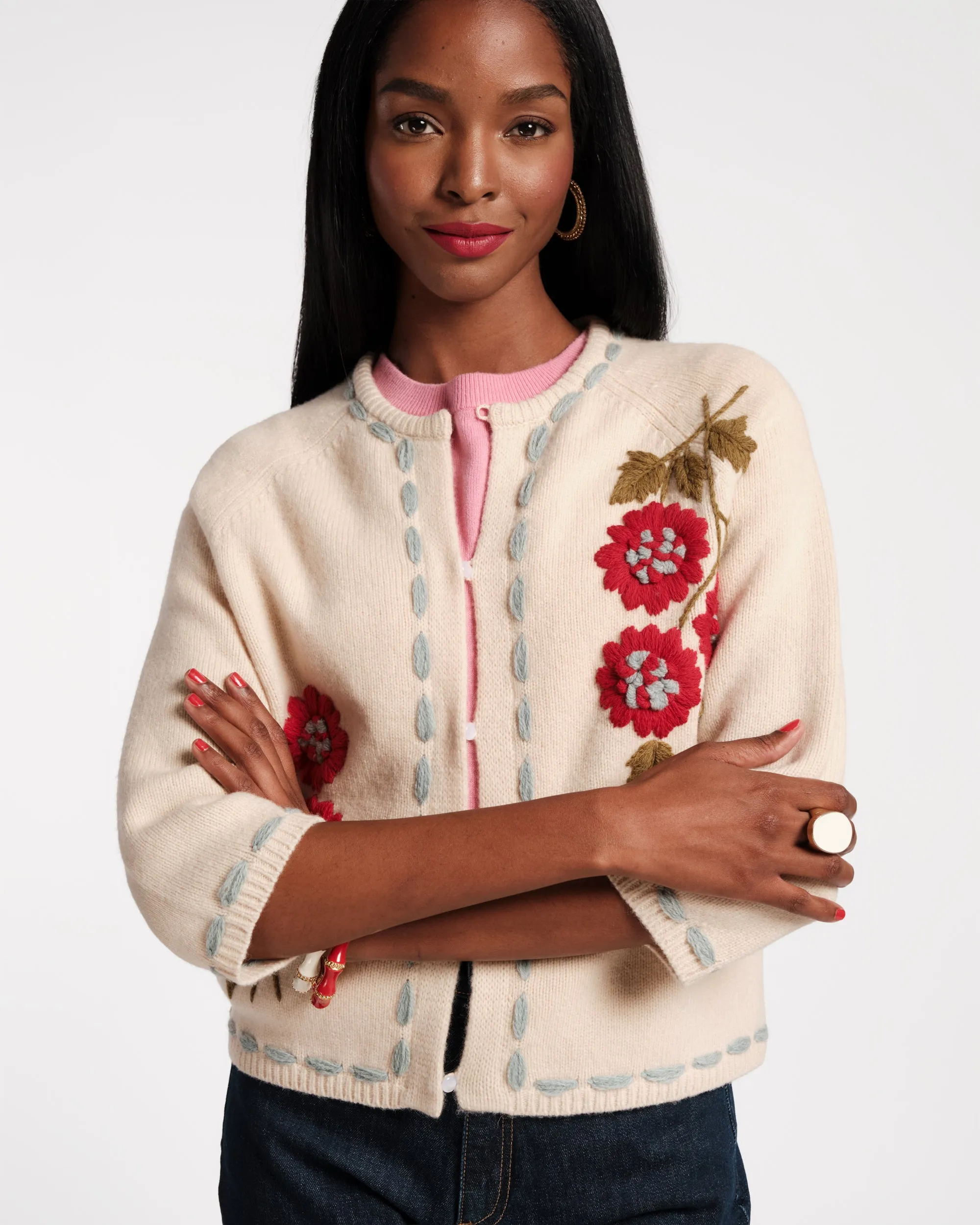 Blanket Stitch Border Cardi - Floating Floral sold by Frances Valentine product image thumbnail 2