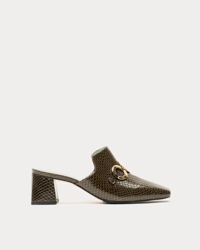Natty Mule - Snake Emboss Leather Olive sold by Frances Valentine