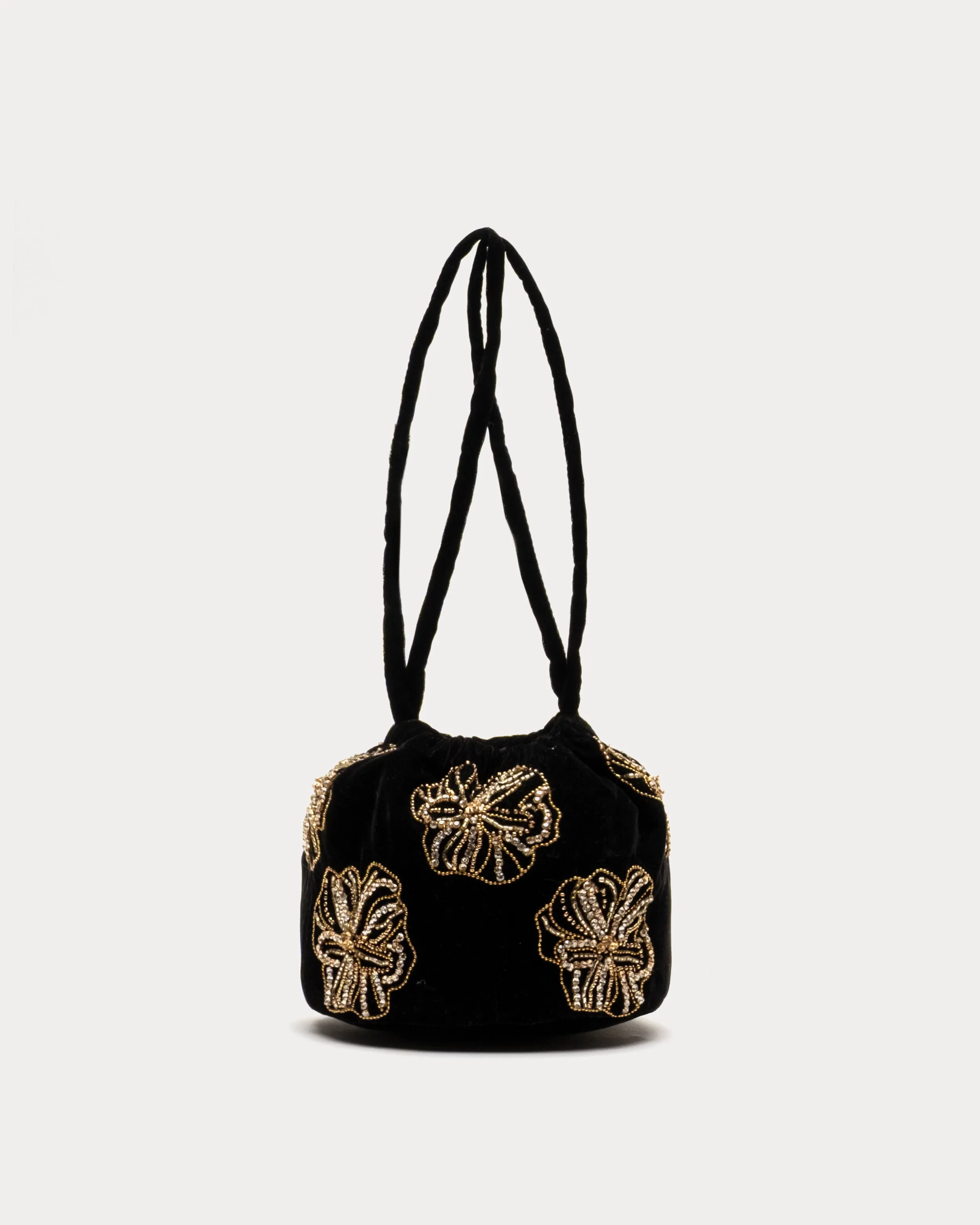 Velvet Pouf Bag Floral Embroidery - Black/Gold sold by Frances Valentine