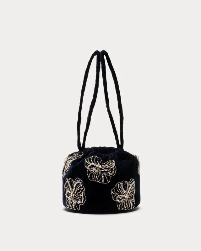 Velvet Pouf Bag Floral Embroidery - Navy/Silver sold by Frances Valentine