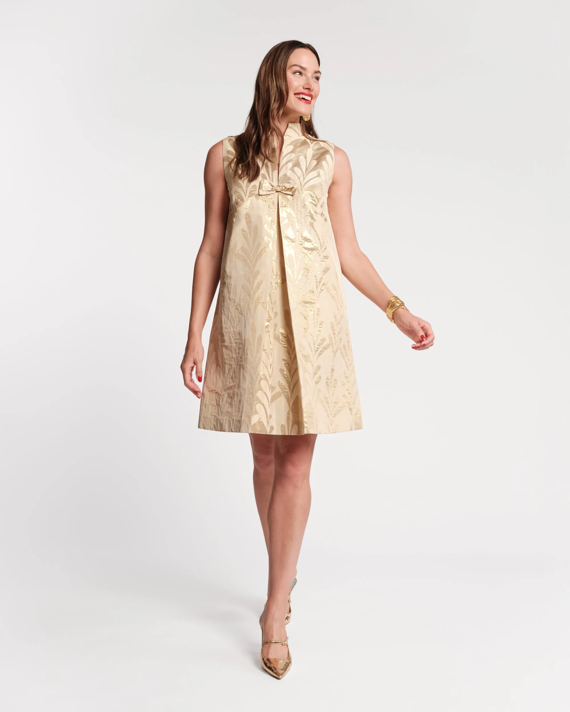 Tabitha Mini Dress - Royal Palm Jacquard Gold sold by Frances Valentine