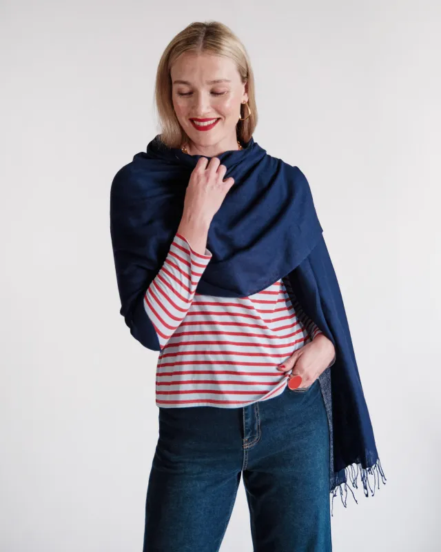 Cashmere Silk Fringe Scarf - Navy sold by Frances Valentine