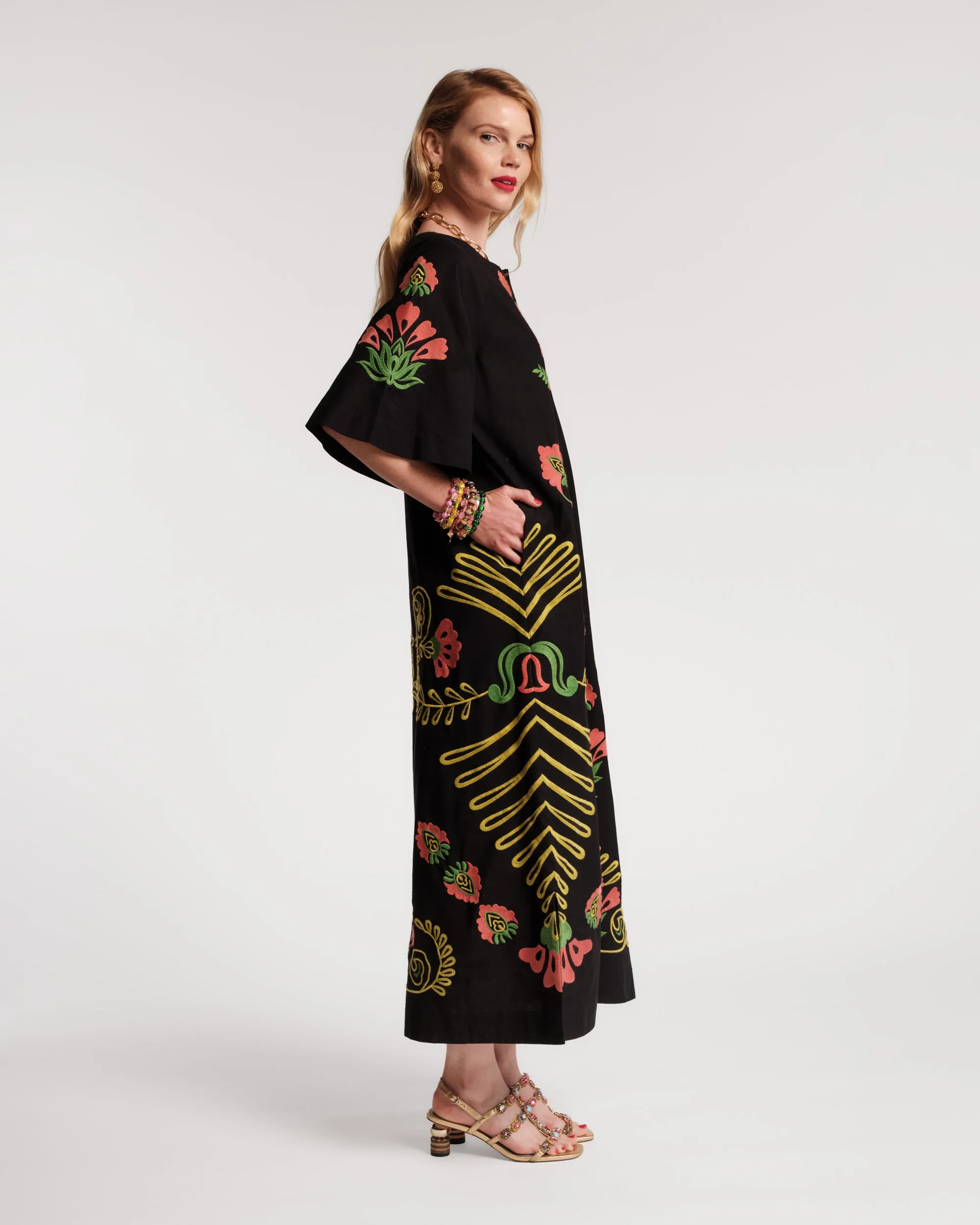 Embroidered Charming Caftan - Canopy Black/Green sold by Frances Valentine product image thumbnail 3
