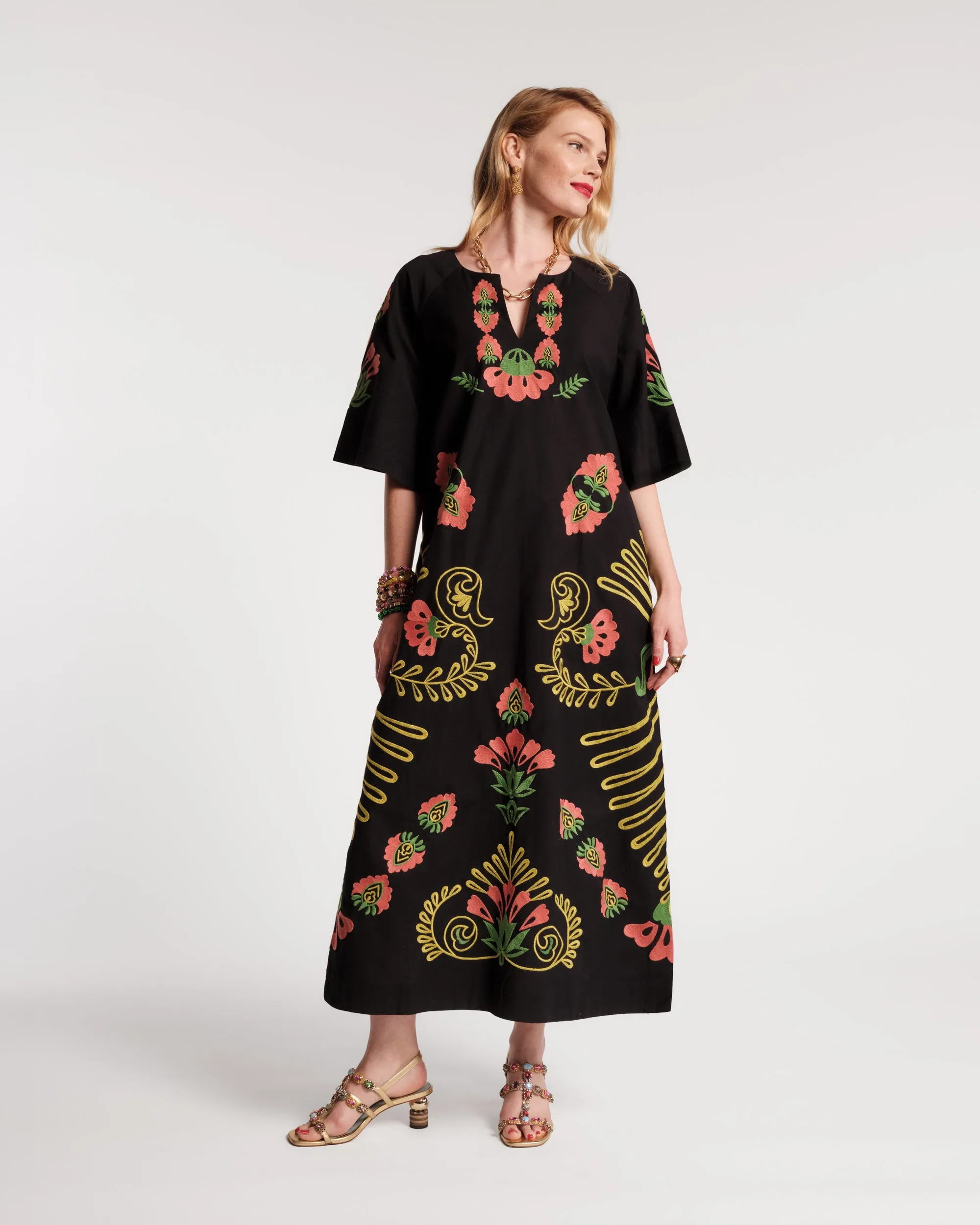 Embroidered Charming Caftan - Canopy Black/Green sold by Frances Valentine