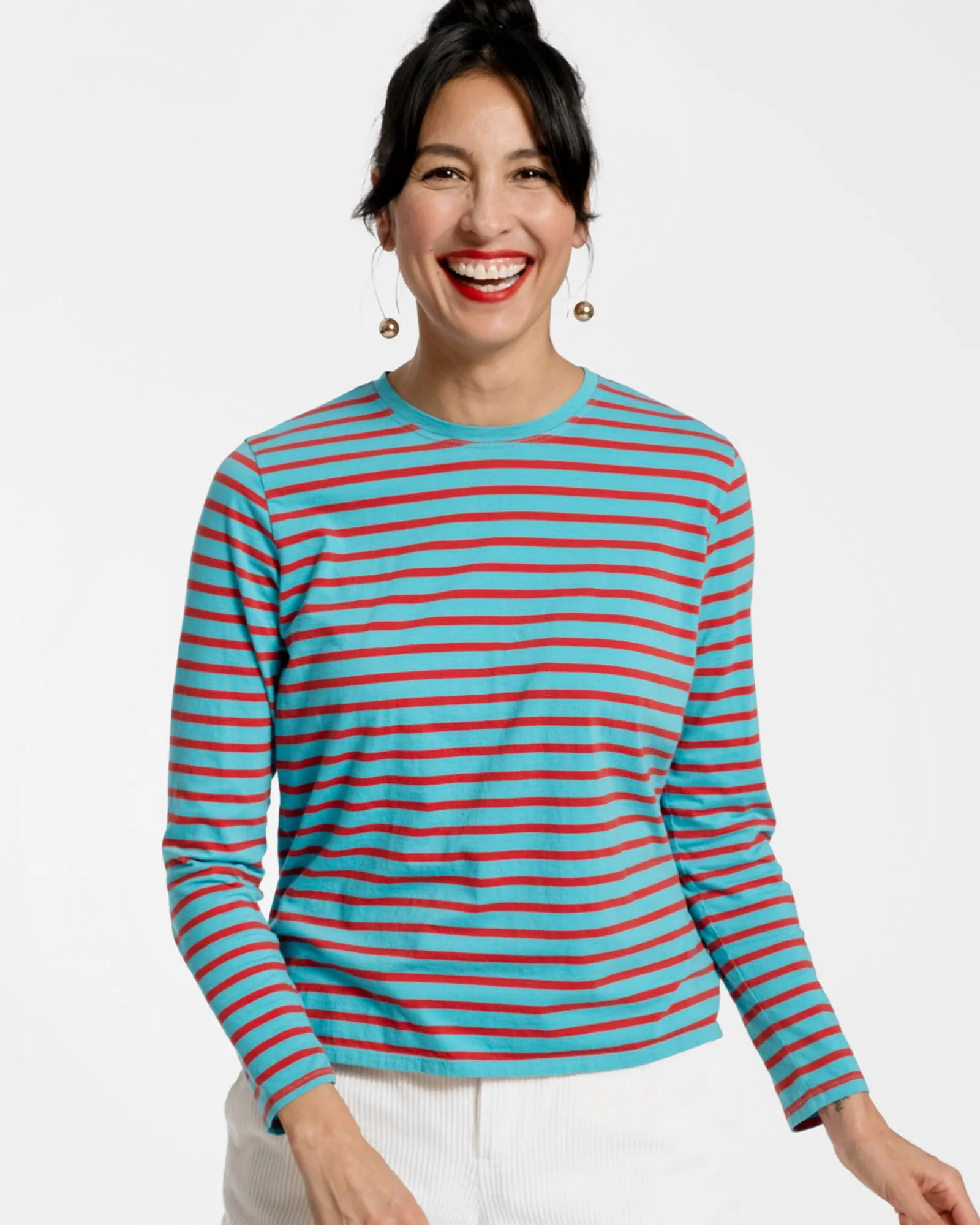 Long Sleeve Striped Tee Shirt - Turquoise Red sold by Frances Valentine