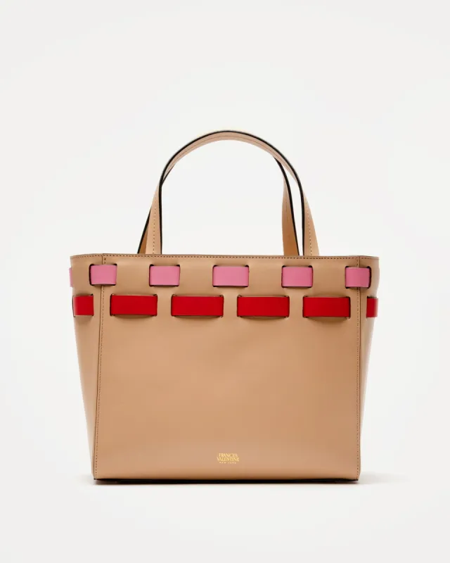 Henry Basketweave Tote Tan Pink Red sold by Frances Valentine