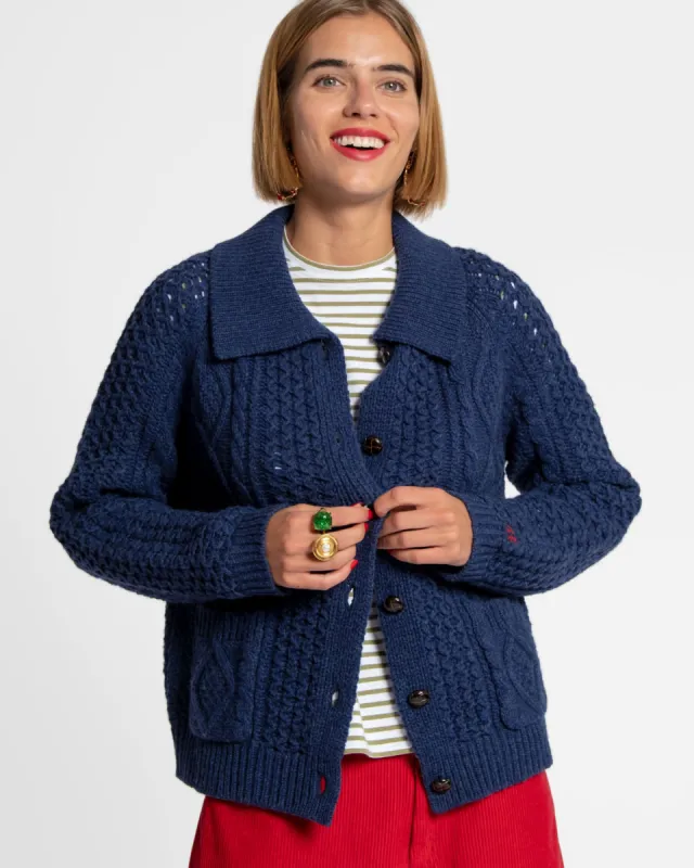 Wool Fisherman Cardigan Sweater Navy sold by Frances Valentine