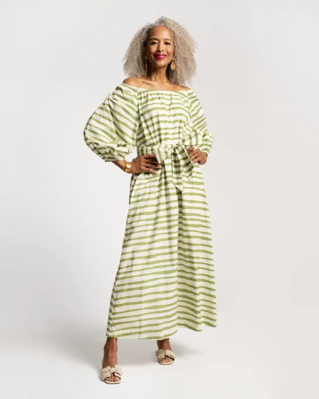 Bliss Maxi Painterly Stripe Cotton Basil White sold by Frances Valentine
