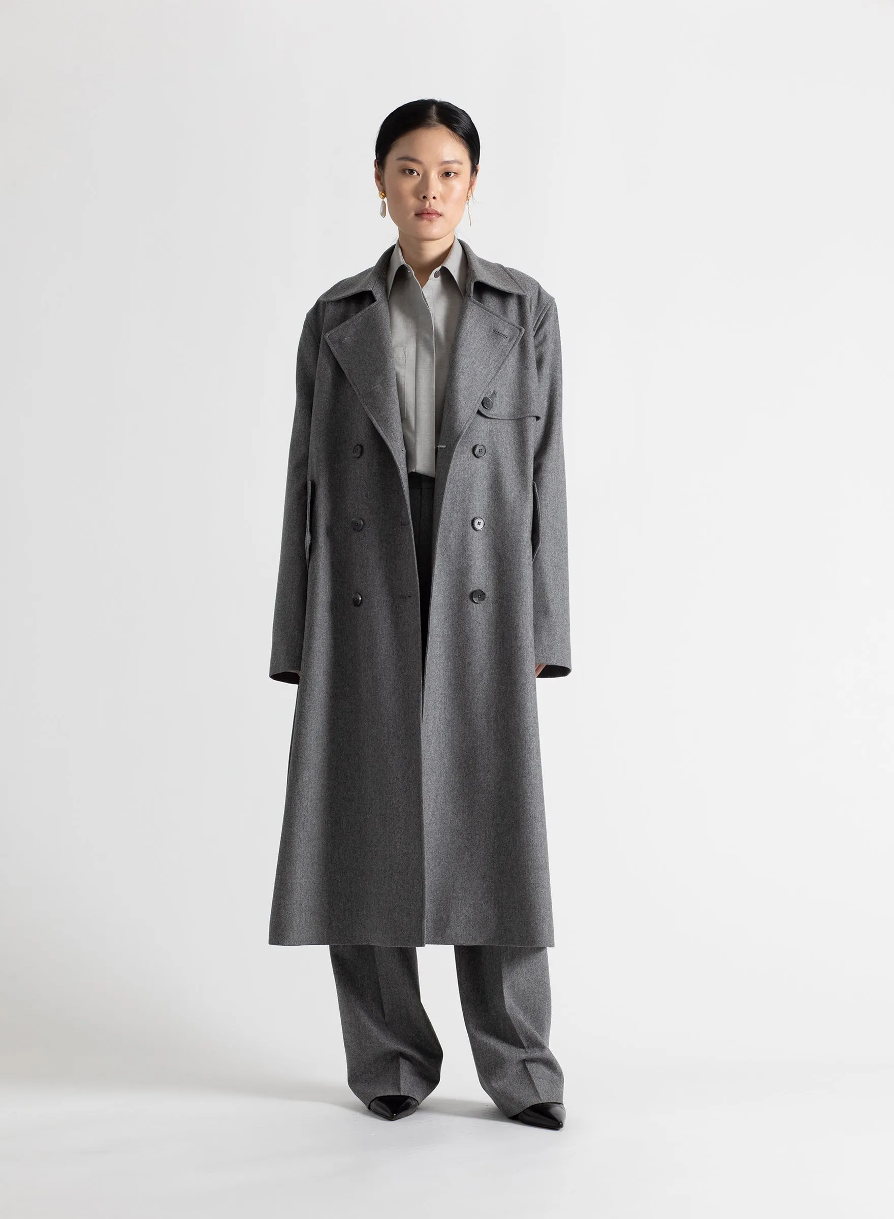 Storm Flap Trench Coat in Medium Heather Grey sold by MARIA McMANUS
