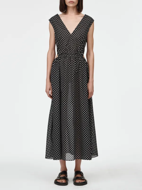Drawstring Cut Out Dress in Black & Ivory Polkadot sold by MARIA McMANUS