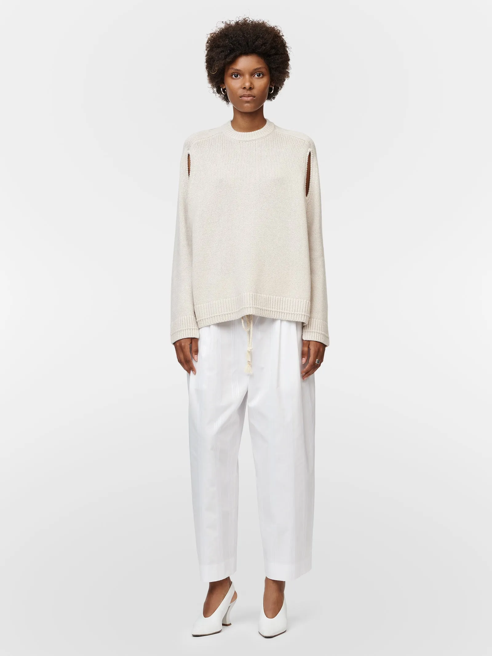 Tear Drop Oversized Crew in Crema sold by MARIA McMANUS