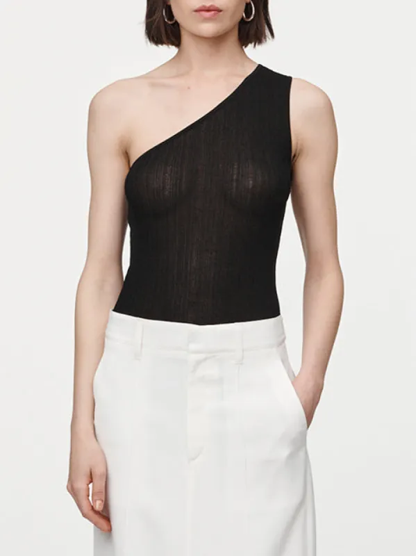 Crepe Ribbed One Shoulder Top in Black sold by MARIA McMANUS
