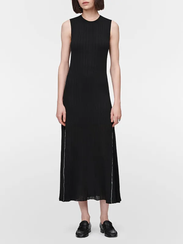 Crepe Ribbed Godet Dress in Black sold by MARIA McMANUS