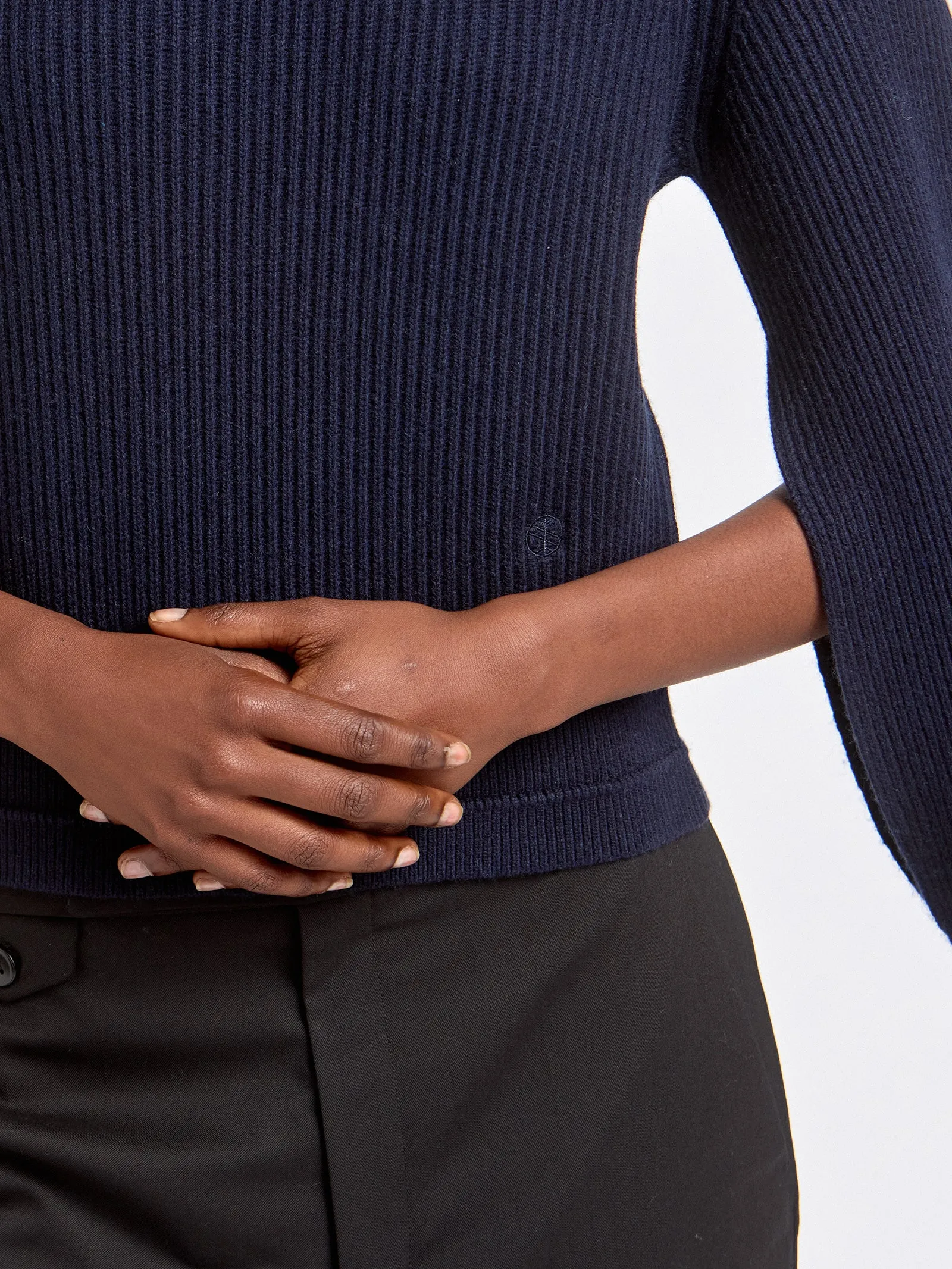 Recycled Cashmere x Organic Cotton Crop Bell Sleeve Crew in Midnight Navy sold by MARIA McMANUS product image thumbnail 4
