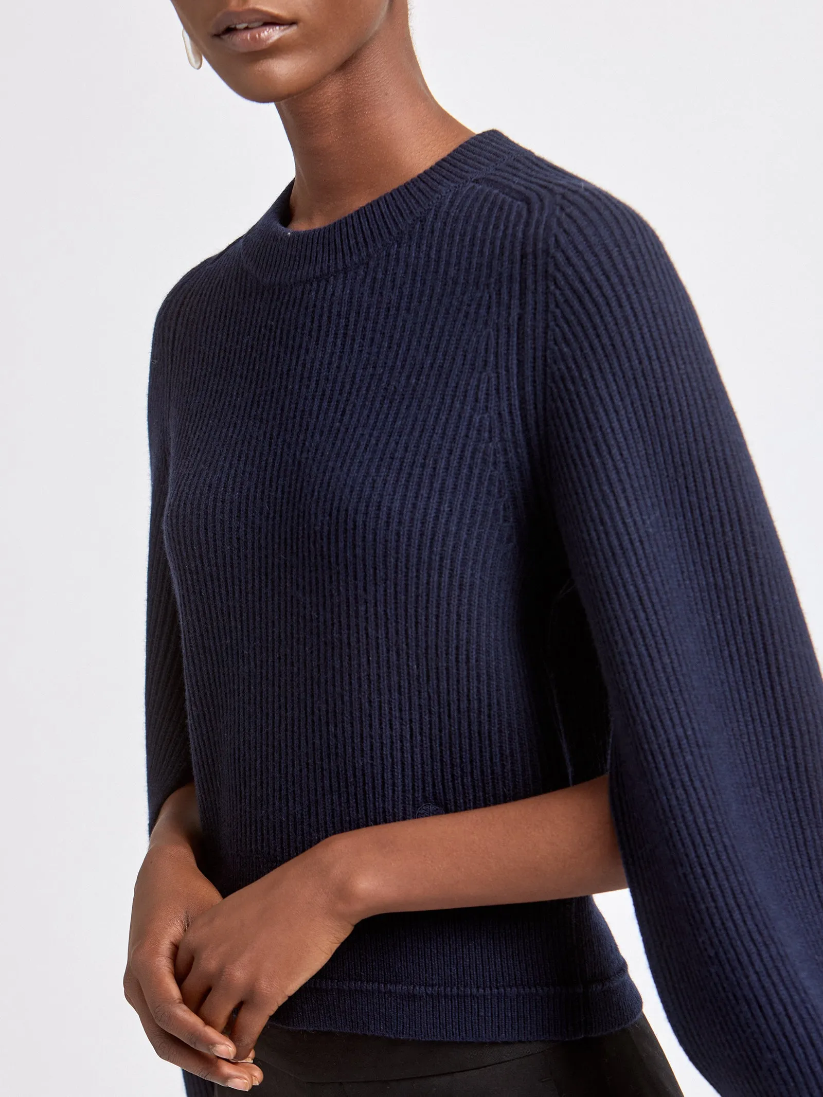 Recycled Cashmere x Organic Cotton Crop Bell Sleeve Crew in Midnight Navy sold by MARIA McMANUS product image thumbnail 5