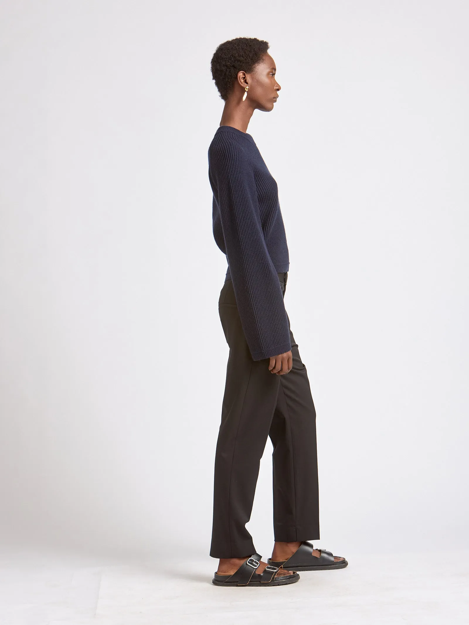 Recycled Cashmere x Organic Cotton Crop Bell Sleeve Crew in Midnight Navy sold by MARIA McMANUS product image thumbnail 2
