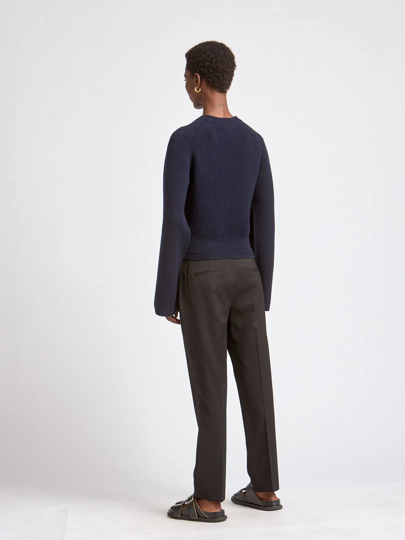 Recycled Cashmere x Organic Cotton Crop Bell Sleeve Crew in Midnight Navy sold by MARIA McMANUS product image thumbnail 3