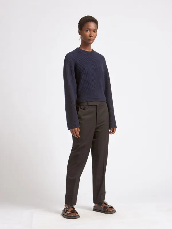 Recycled Cashmere x Organic Cotton Crop Bell Sleeve Crew in Midnight Navy made by MARIA McMANUS