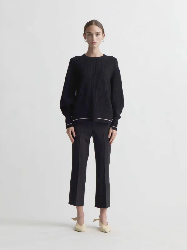Recycled Cashmere Cotton Fisherman Rib Cape Crew in Black with Crema Tipping sold by MARIA McMANUS