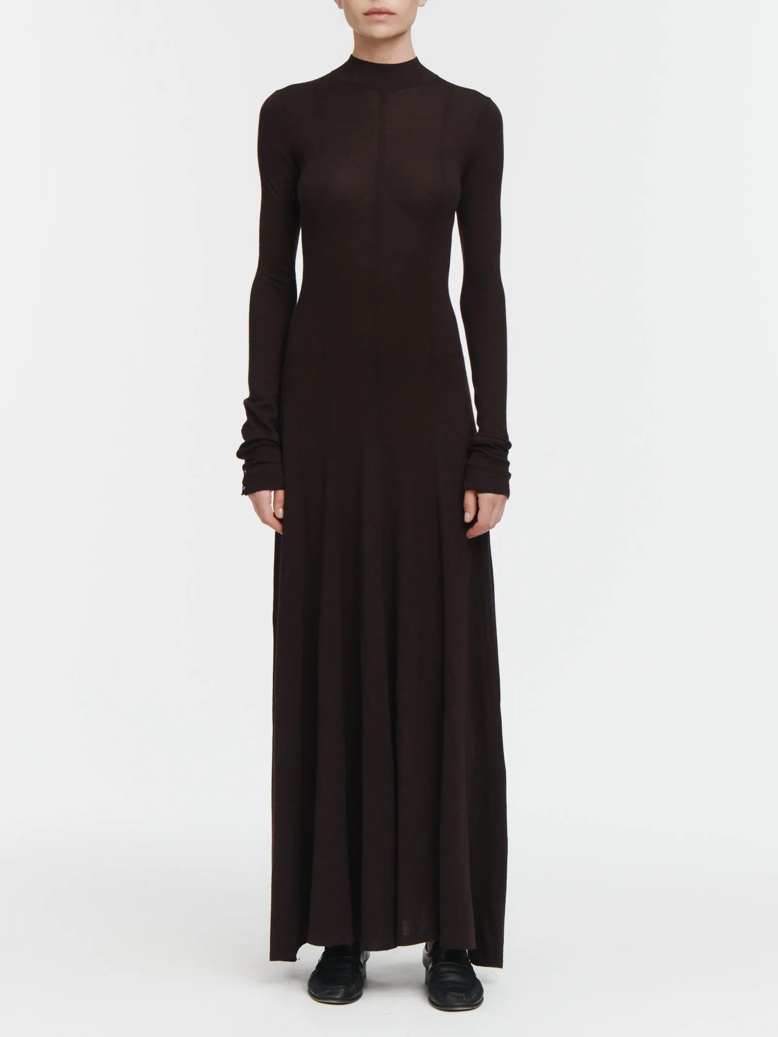 Godet Button Dress in Espresso sold by MARIA McMANUS
