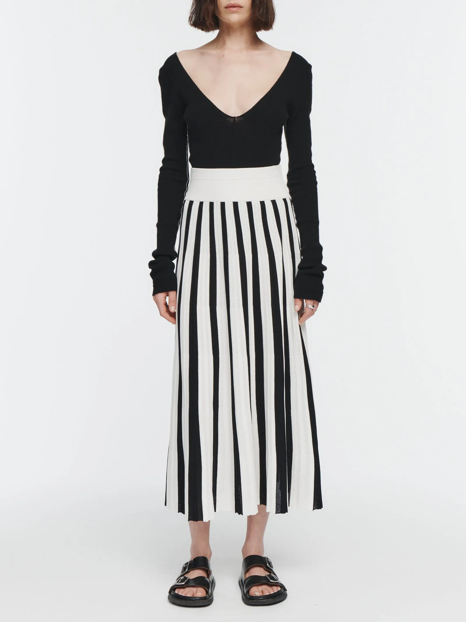 Pleated Mesh Skirt in Ivory & Black Stripe sold by MARIA McMANUS