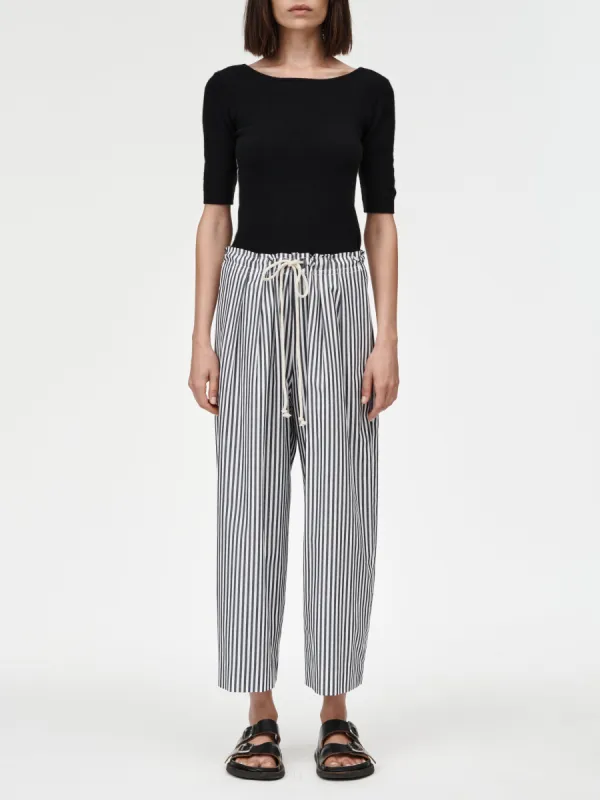 Crop Drawstring Pleat Front Pant in Black & White Stripe sold by MARIA McMANUS
