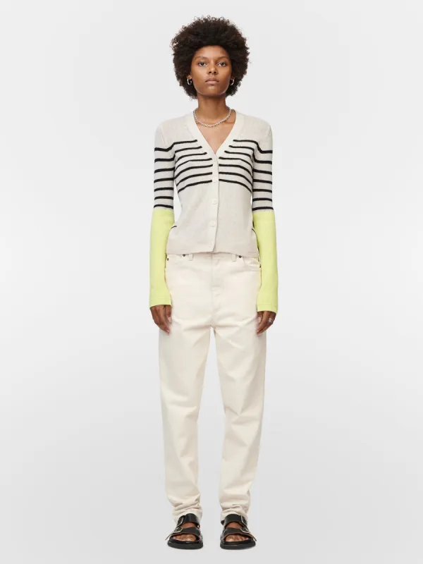 Featherweight V-Cardigan in Crema w/ Black Stripe sold by MARIA McMANUS