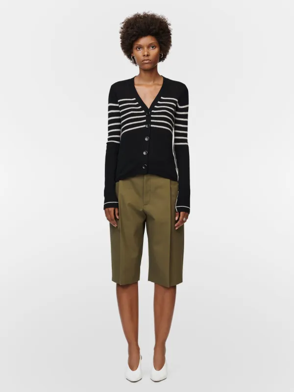Featherweight V-Cardigan in Black w/ Crema Stripe sold by MARIA McMANUS