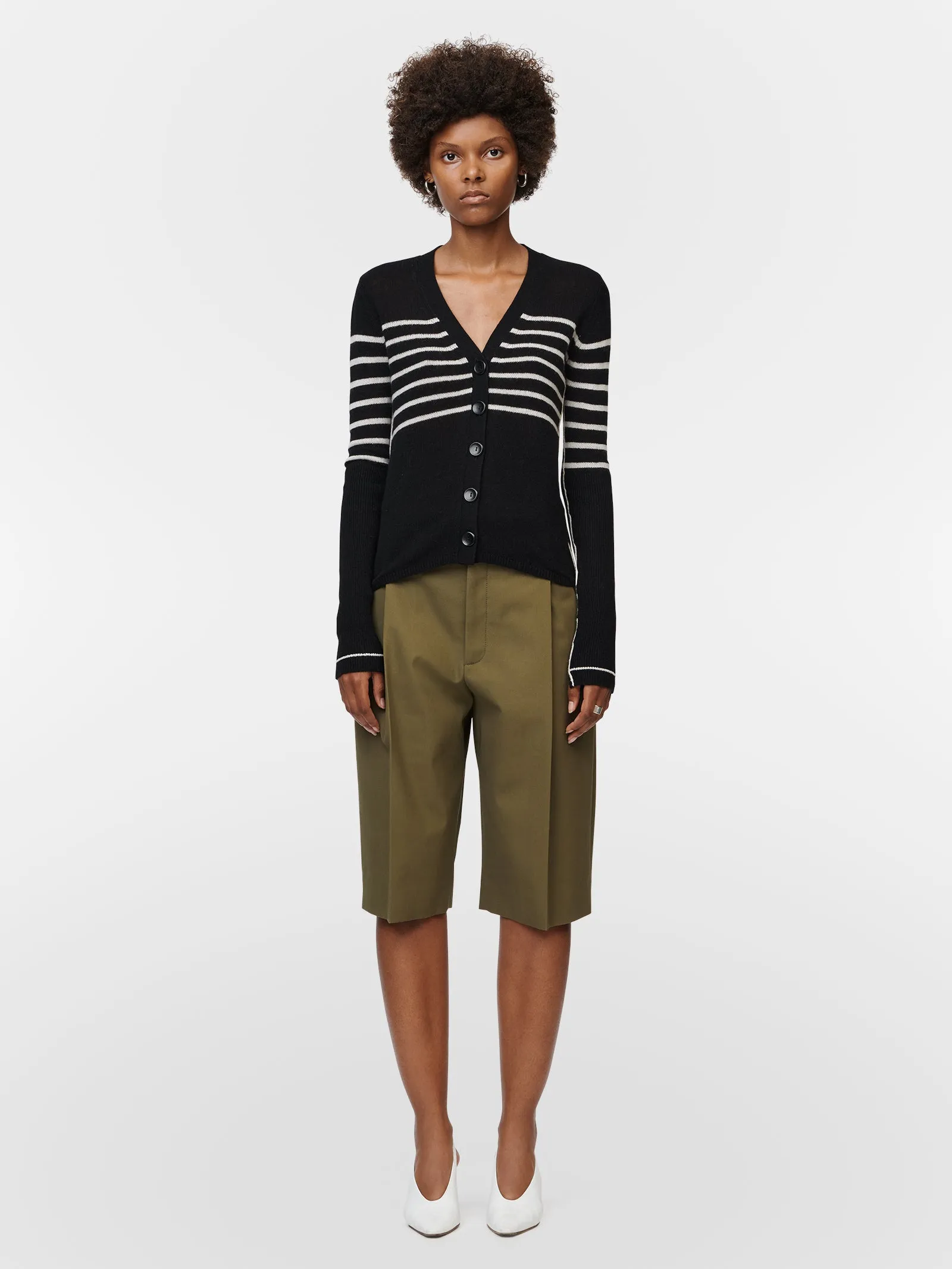 Featherweight V-Cardigan in Black w/ Crema Stripe sold by MARIA McMANUS