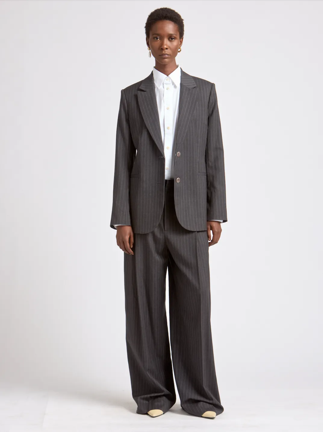 Corseted Riding Jacket in Charcoal Pinstripe sold by MARIA McMANUS