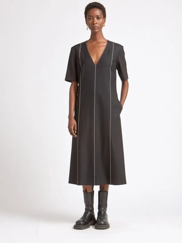 V Neck Midi Dress in Black sold by MARIA McMANUS