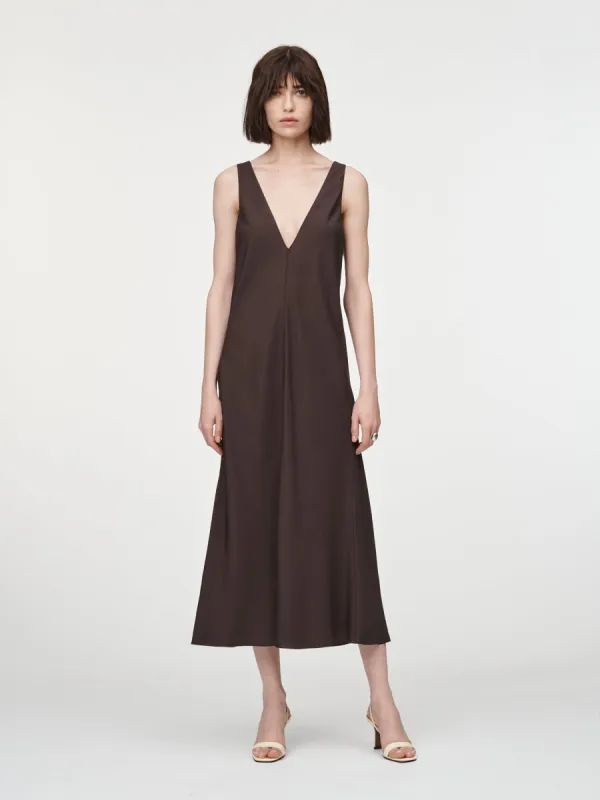 Deep V-Neck Pocket Dress in Chocolate sold by MARIA McMANUS