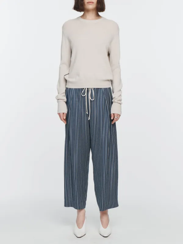 Drawstring Pleat Front Pant in Midnight Navy Stripe made by MARIA McMANUS
