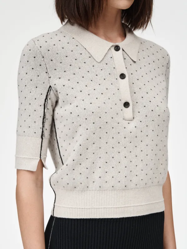 Jacquard Polo in Crema With Black Dot sold by MARIA McMANUS