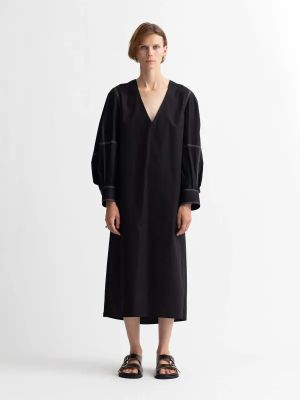 Organic Cotton Engineered Sleeve Dress in Black w/Contrast Stitching made by MARIA McMANUS