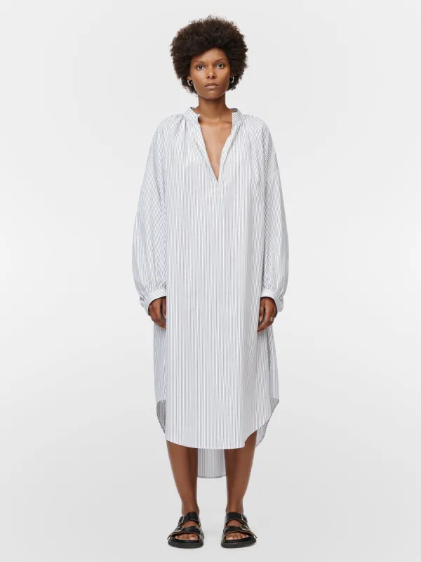 Drop Shoulder Boho Dress in White & Charcoal Stripe sold by MARIA McMANUS