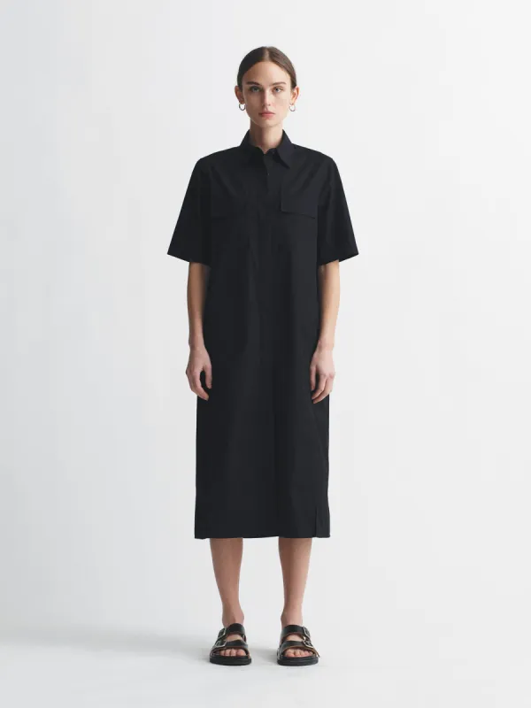Short Sleeve Pocket Shirt Dress in Black Poplin sold by MARIA McMANUS