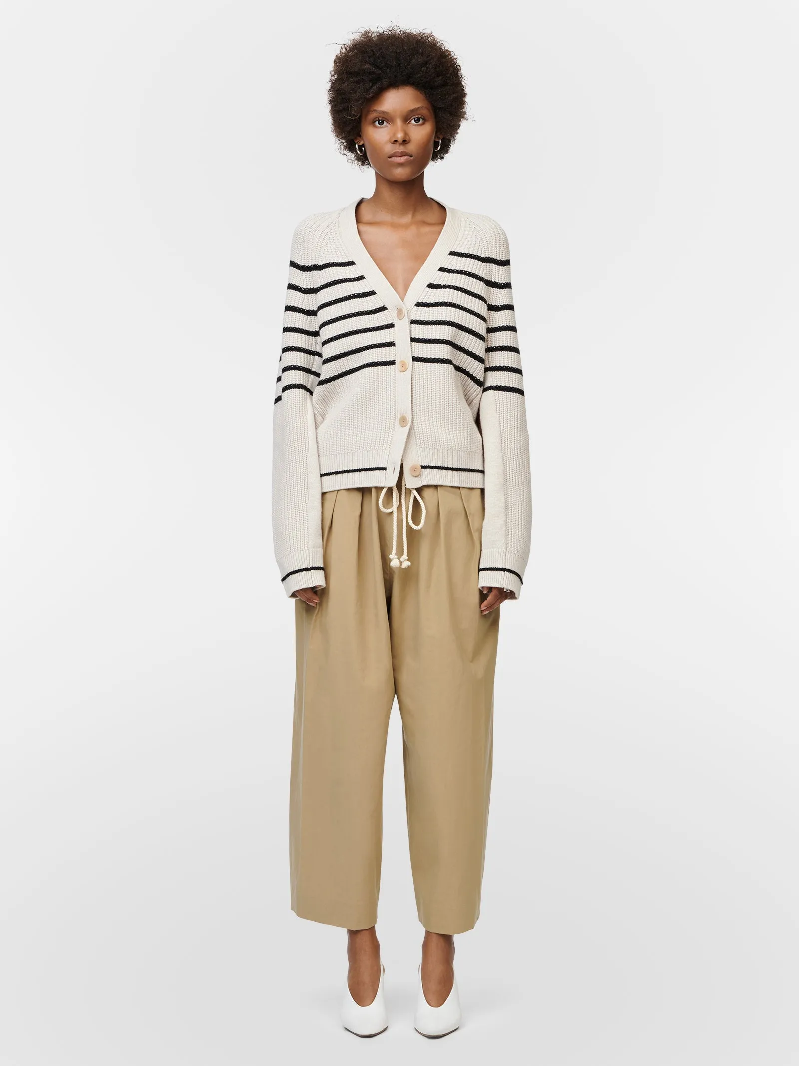 Cocoon Split Sleeve Cardigan in Crema w/ Black Stripe sold by MARIA McMANUS