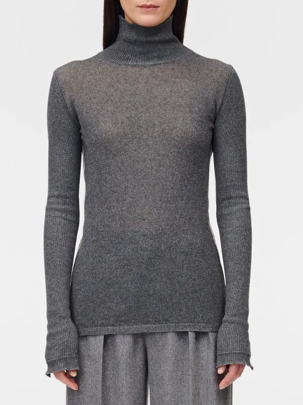 Ribbed Sleeve Turtle Neck in Charcoal sold by MARIA McMANUS