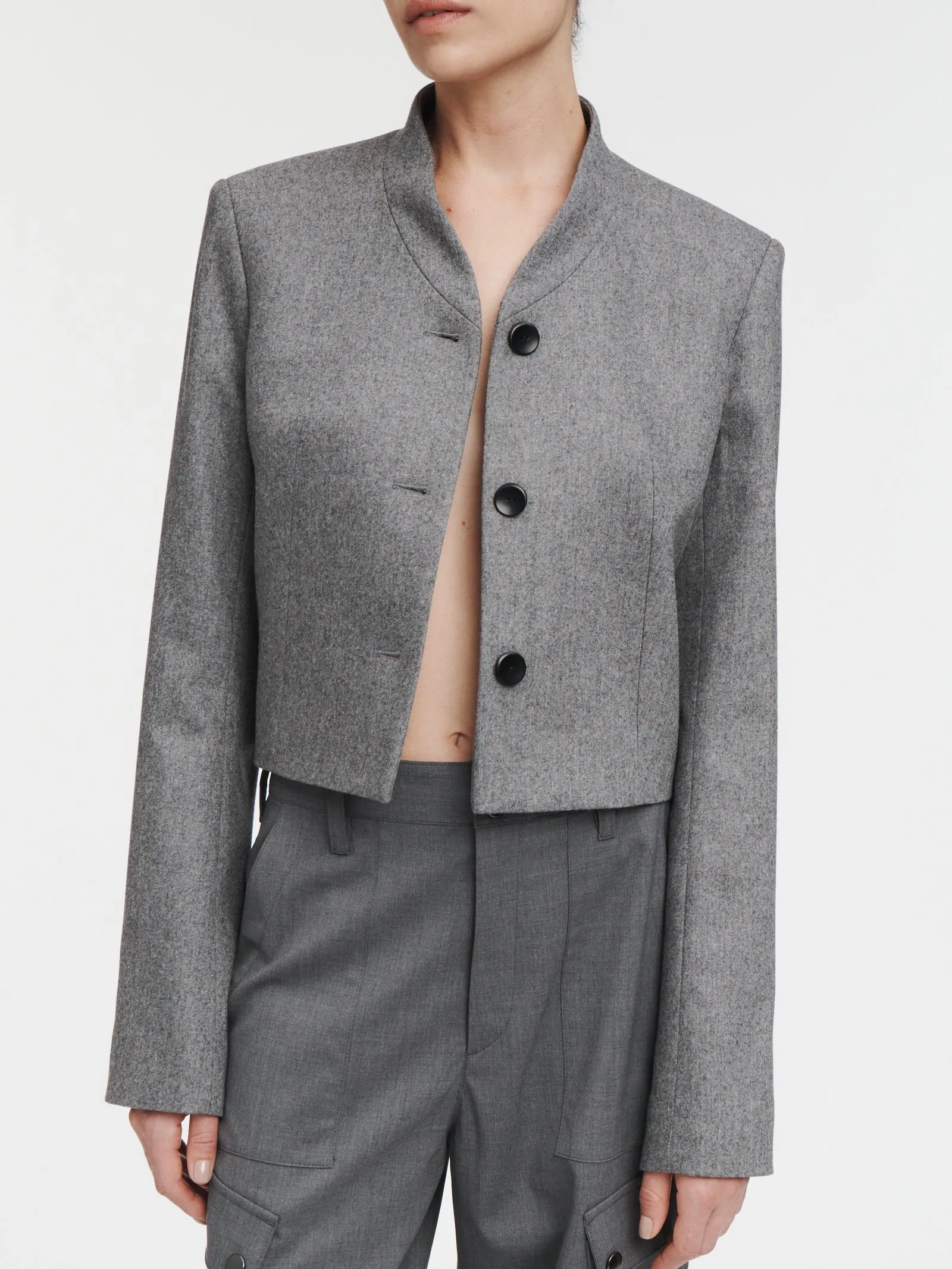 3 Button Cropped Blazer in Charcoal Melange sold by MARIA McMANUS