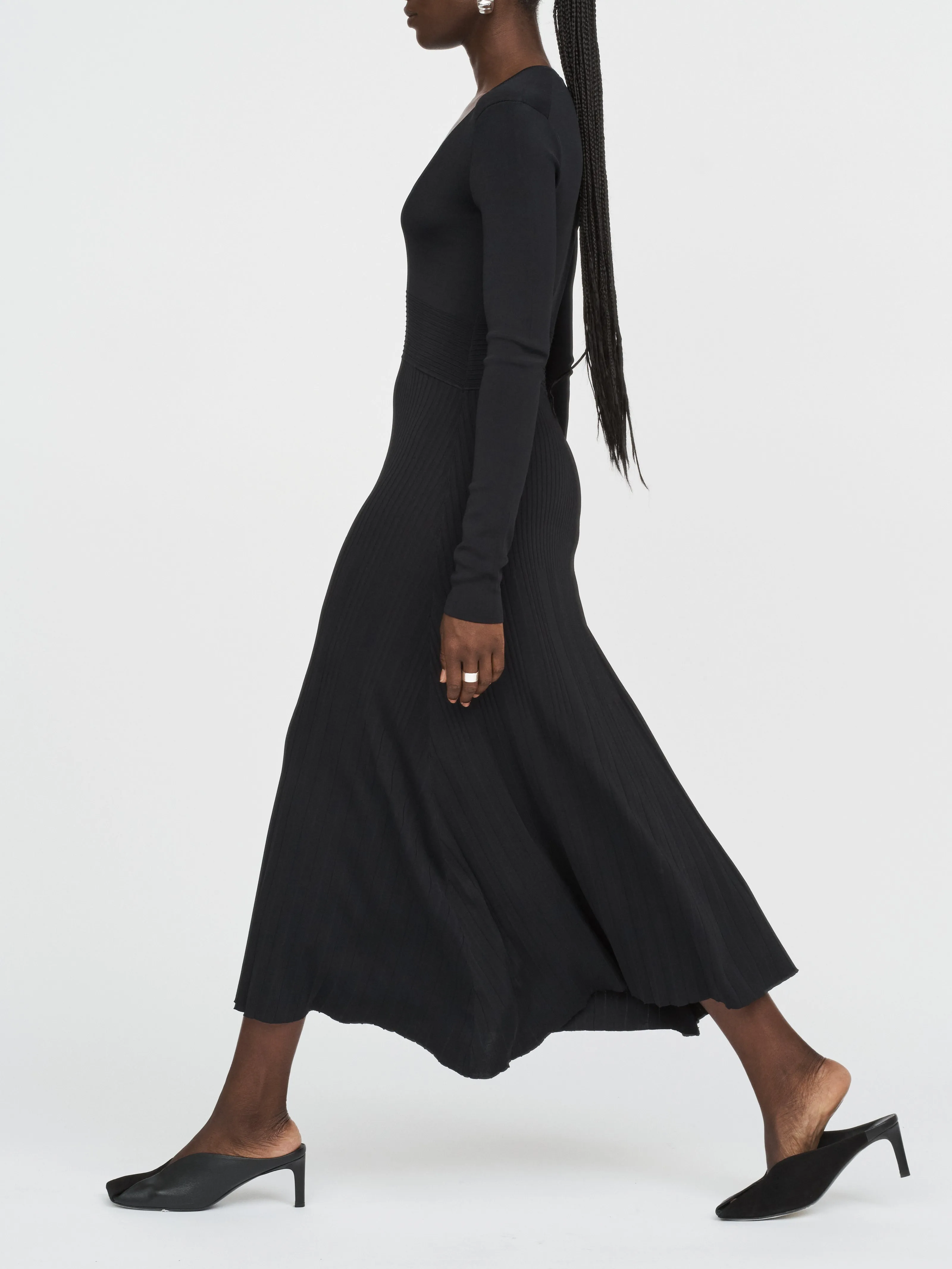 V-Neck Pleated Dress in Black sold by MARIA McMANUS