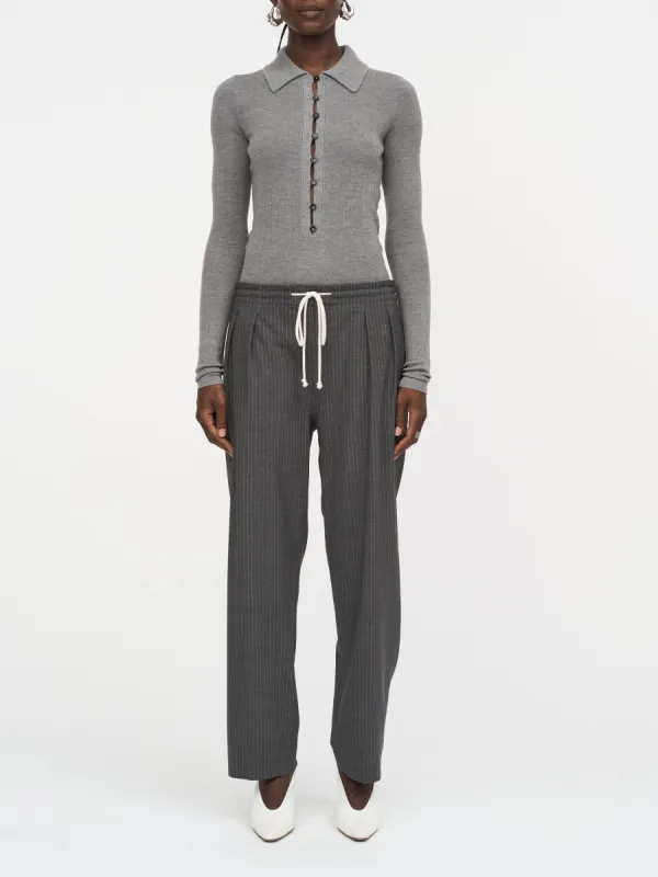 Cosy Drawstring Pant in Charcoal Pinstripe sold by MARIA McMANUS