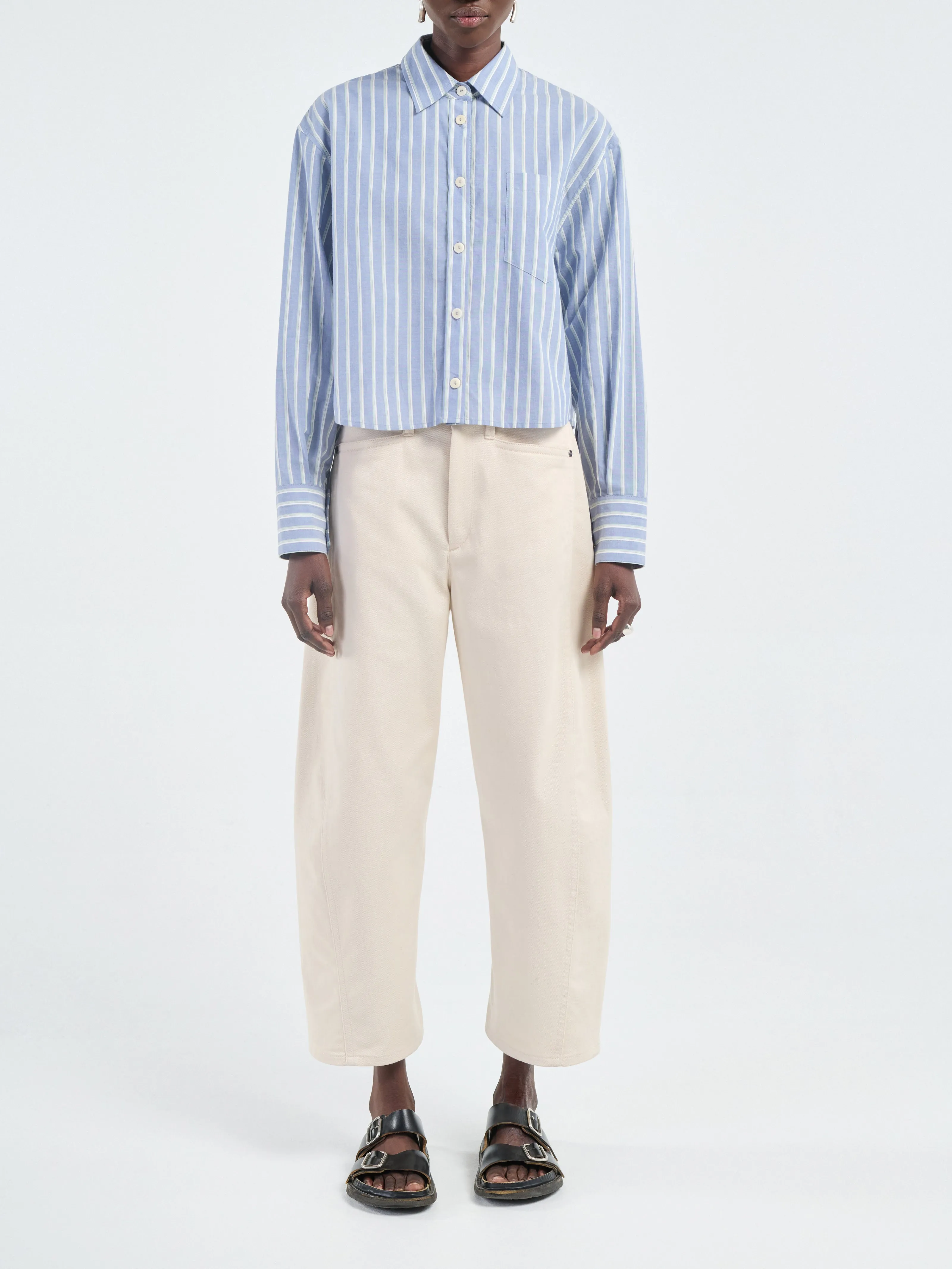 Cropped Oversized Shirt in Denim Mint Stripe sold by MARIA McMANUS