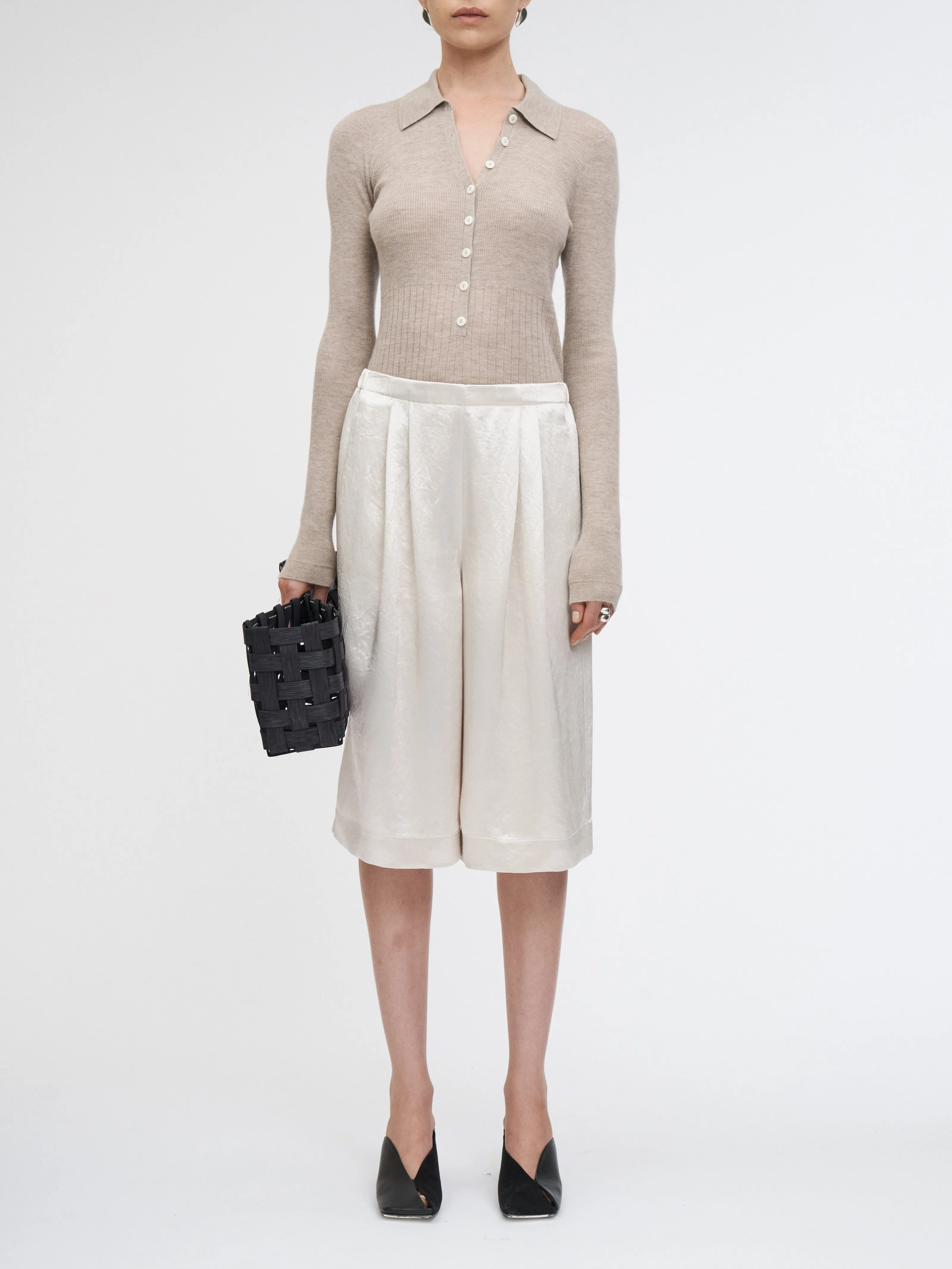 Flap Pocket Basketball Short in Glossy Champagne sold by MARIA McMANUS