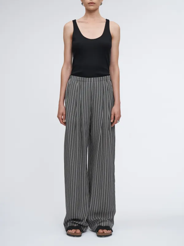 Flap Pocket Pleat Pant in Black/White Awning Stripe sold by MARIA McMANUS