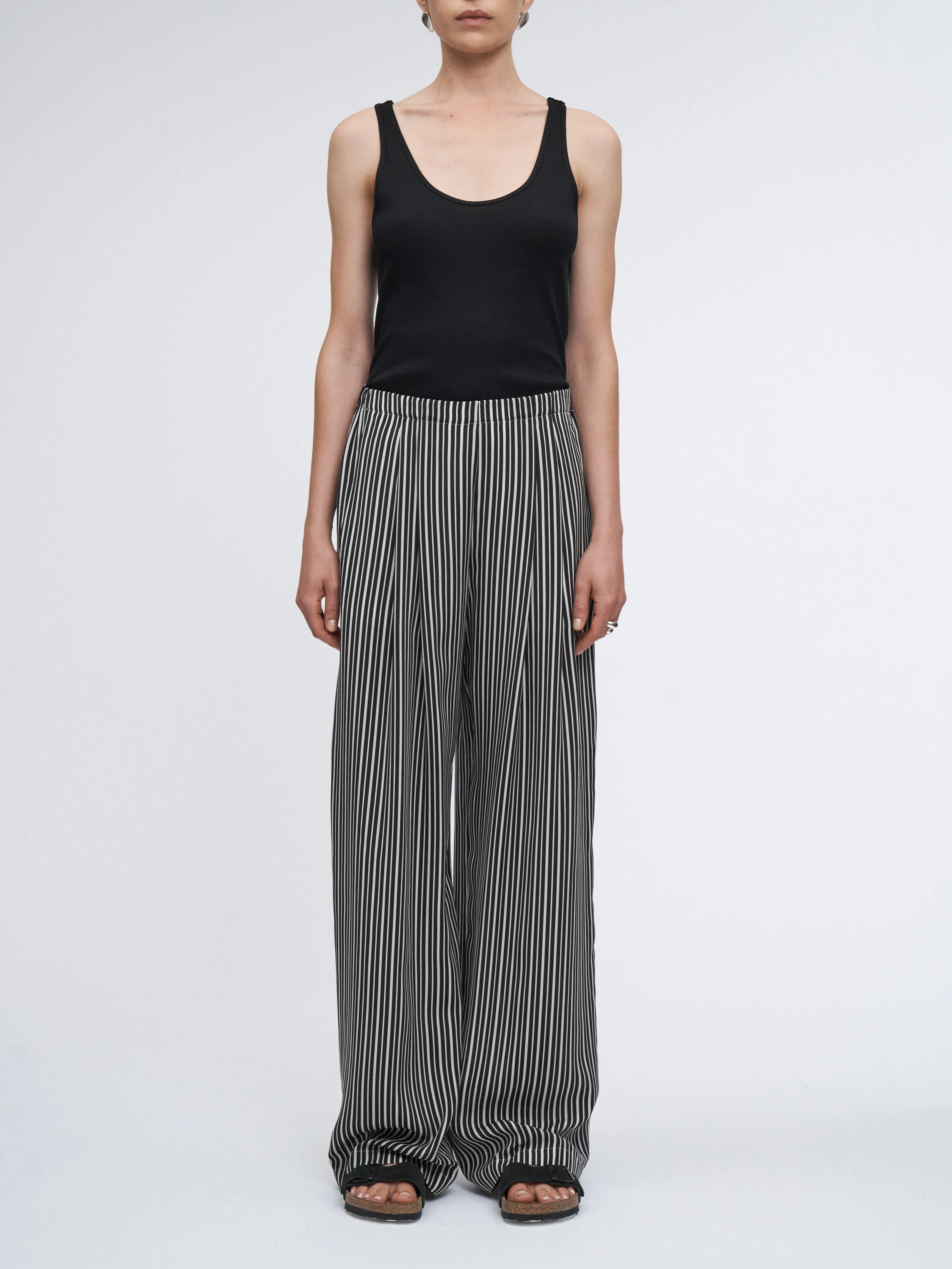 Flap Pocket Pleat Pant in Black/White Awning Stripe sold by MARIA McMANUS