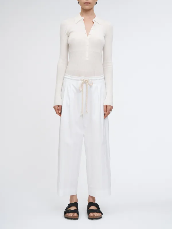 Drawstring Pleat Front Pant in White/White Stripe sold by MARIA McMANUS