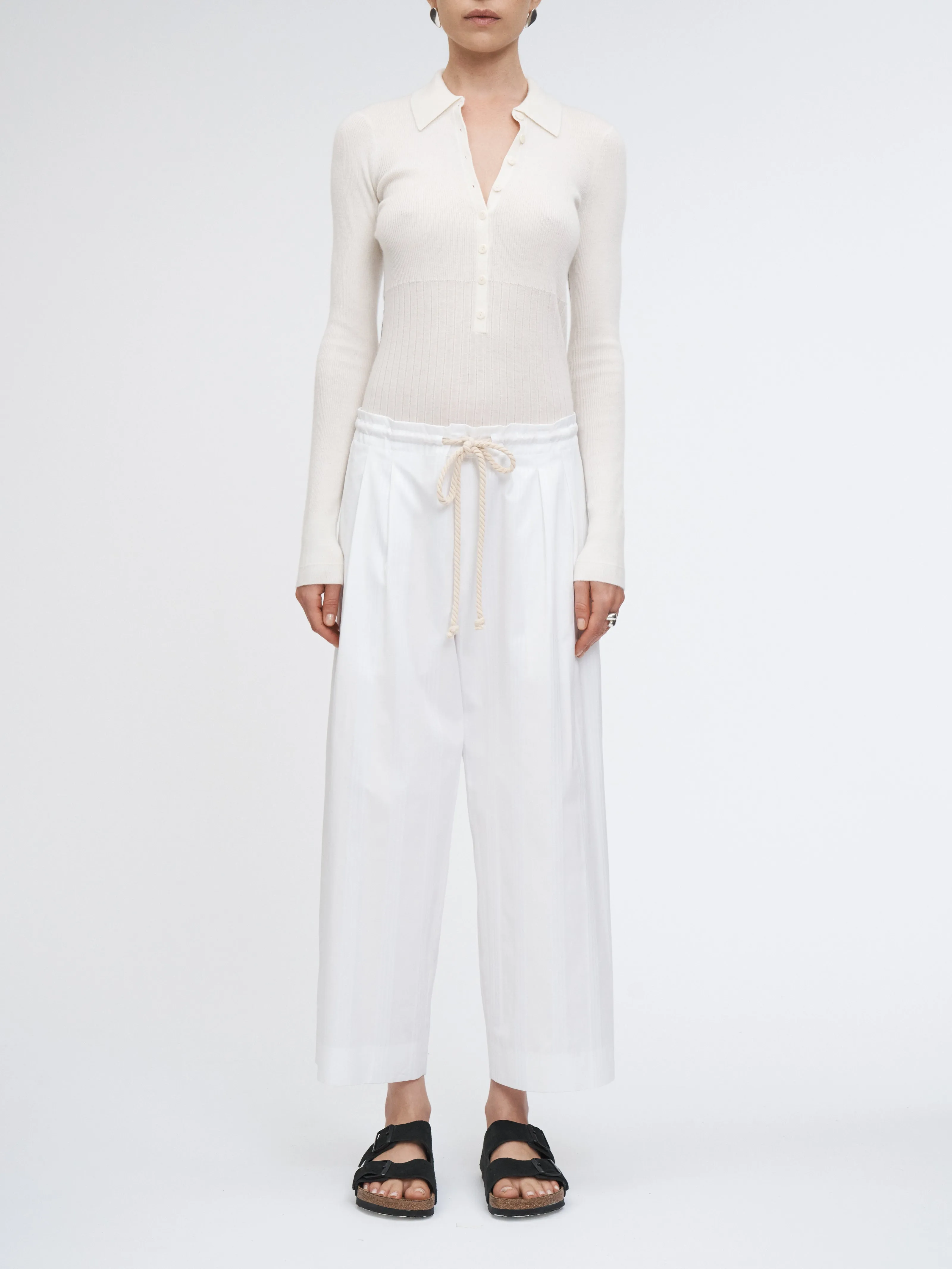 Drawstring Pleat Front Pant in White/White Stripe sold by MARIA McMANUS