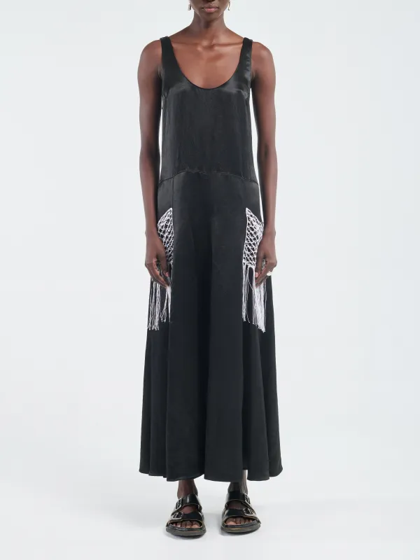 Godet Dress Macrame in Glossy Black made by MARIA McMANUS