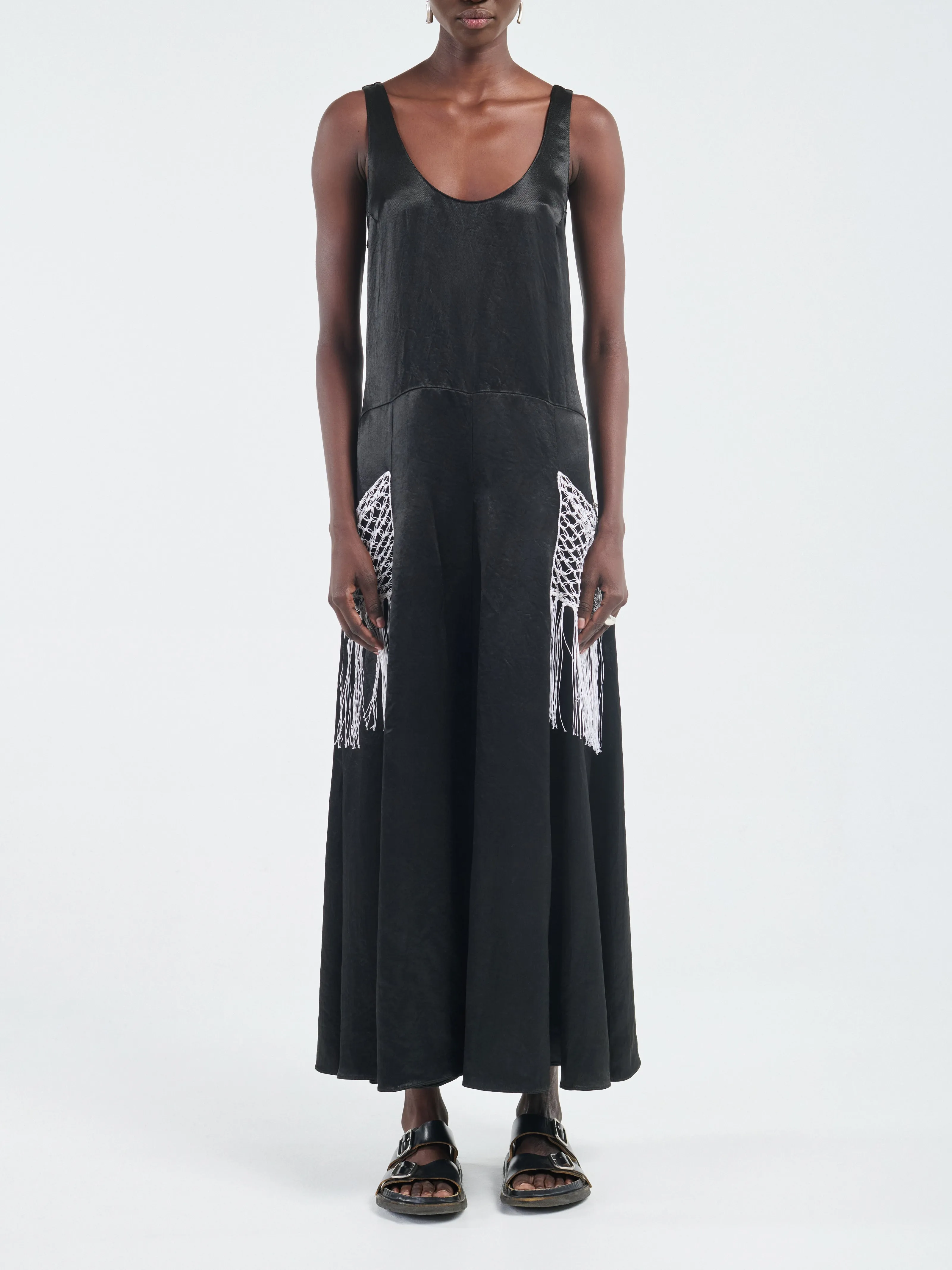 Godet Dress Macrame in Glossy Black sold by MARIA McMANUS